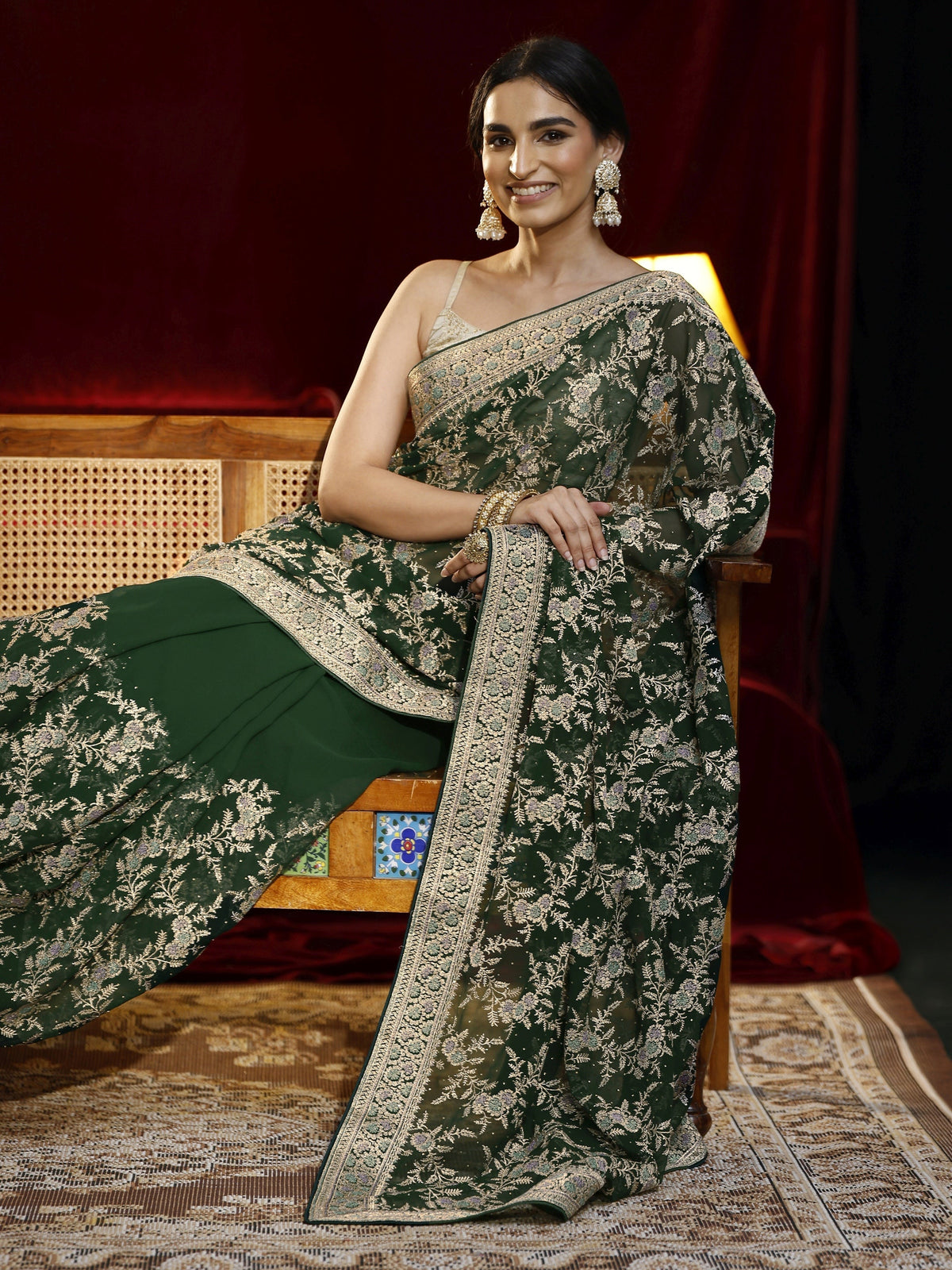 Anouk Green Floral Embroidered Georgette Saree