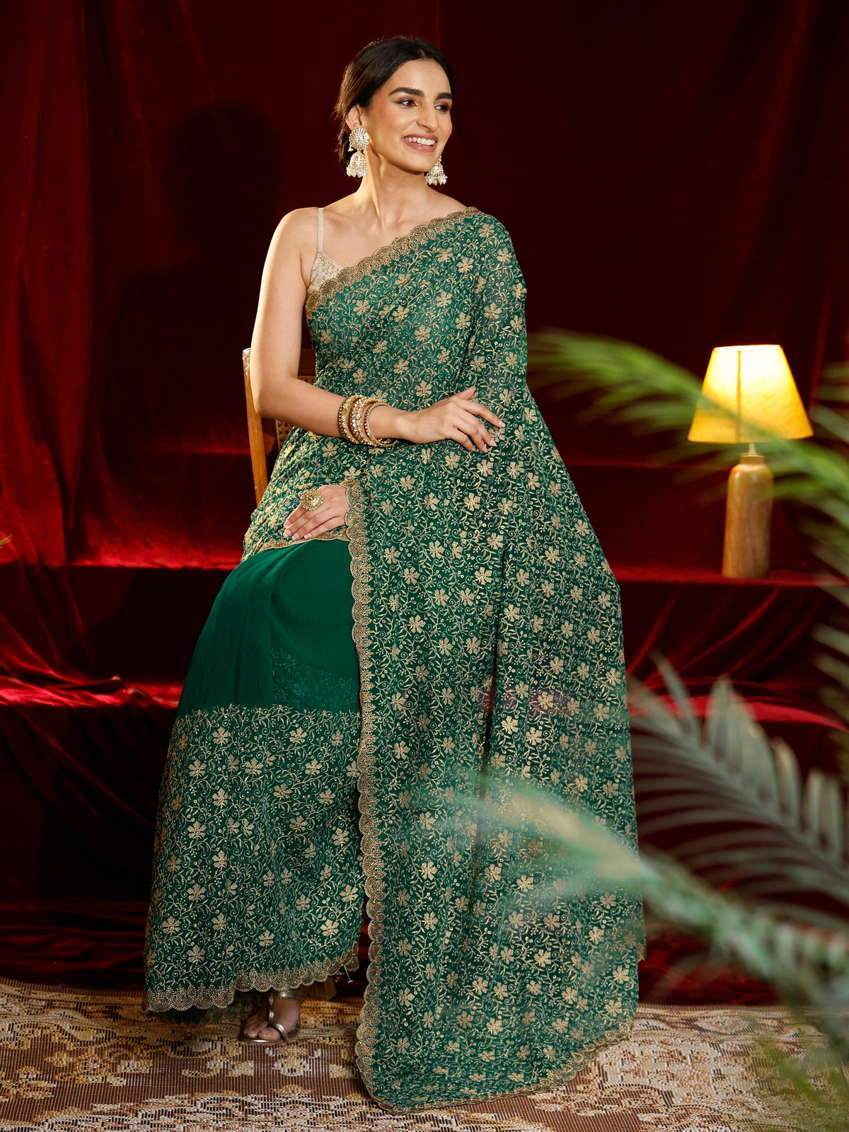 Anouk Green Floral Embroidered Georgette Saree