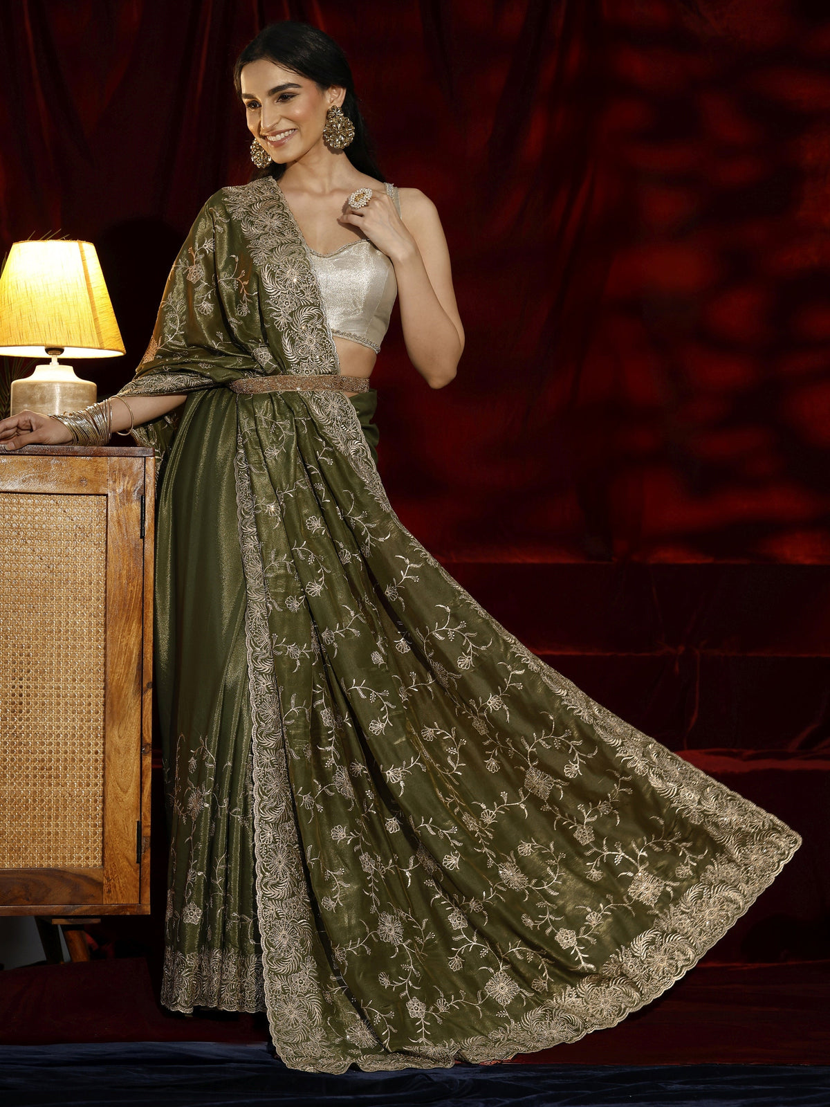 Anouk Green Floral Embroidered Satin Saree