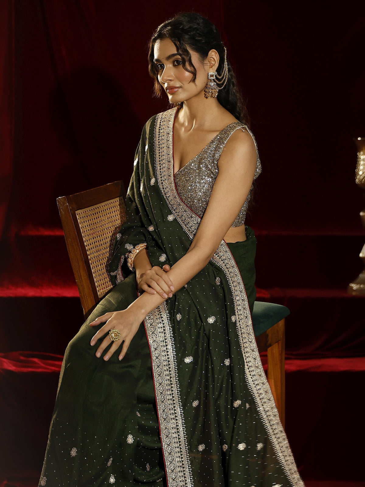 Anouk Green Floral Embroidered Silk blend Saree