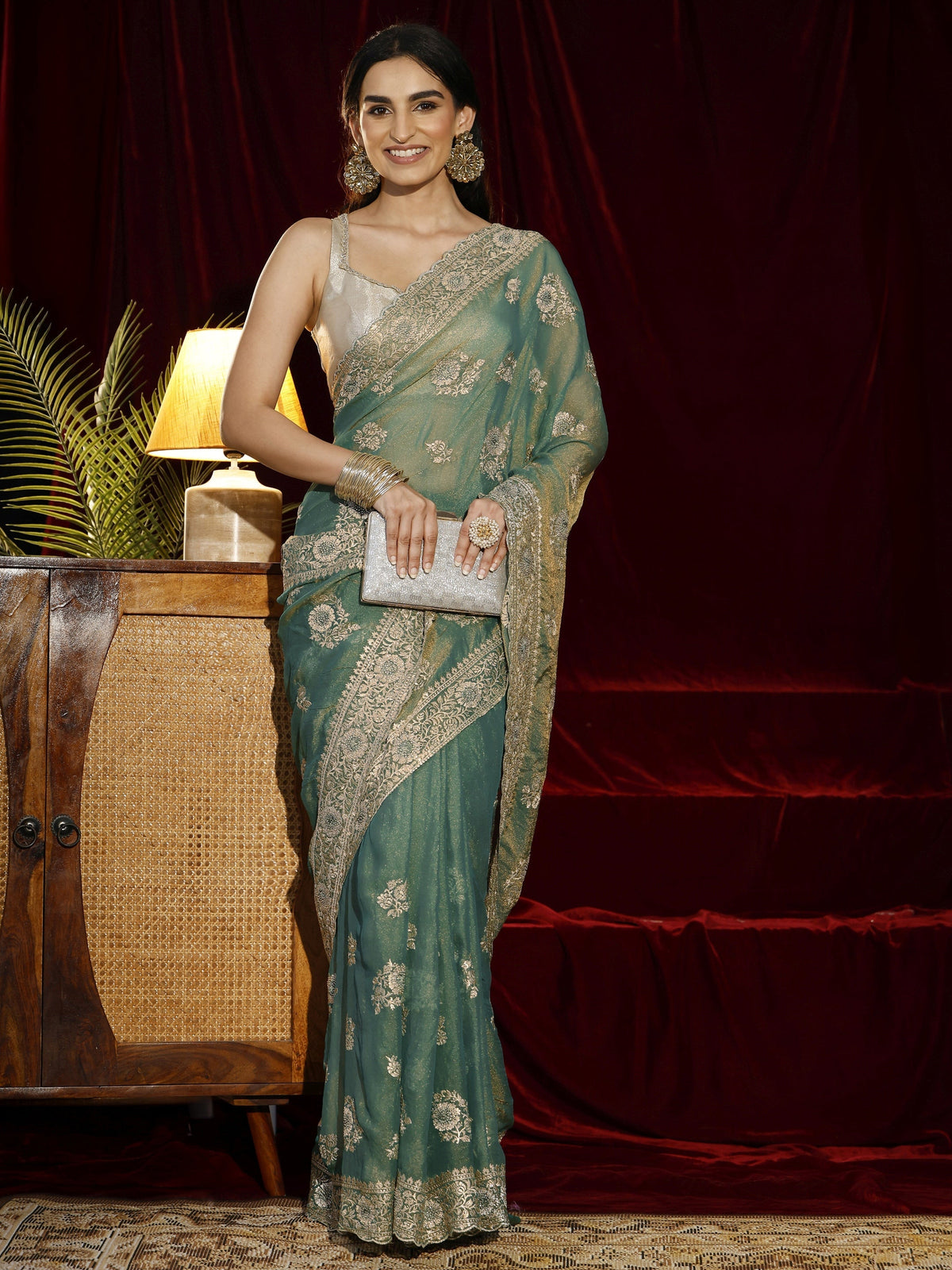 Anouk Green Floral Embroidered Tissue Saree