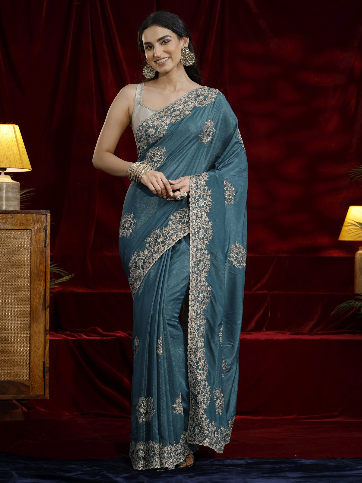Anouk Green Floral Embroidered Tissue Saree