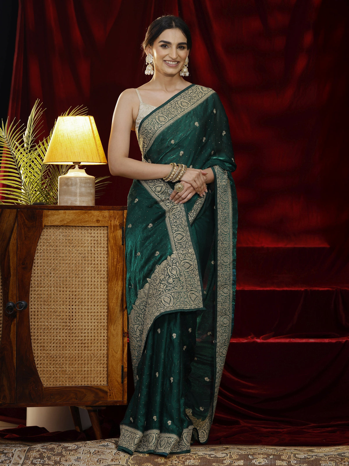 Anouk Green Floral Embroidered Tissue Saree