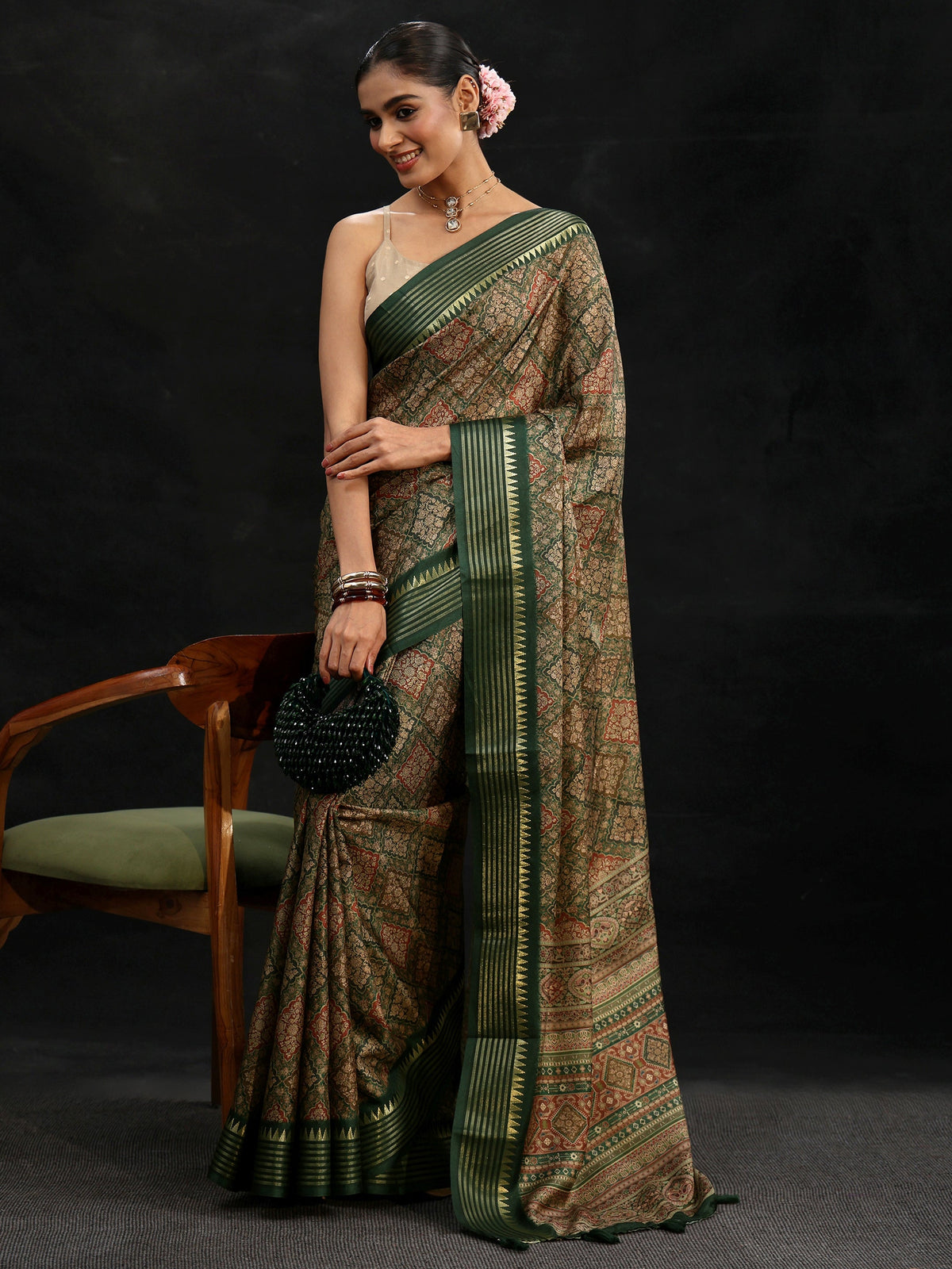 Anouk Green Floral Foil Printed Silk Blend Saree