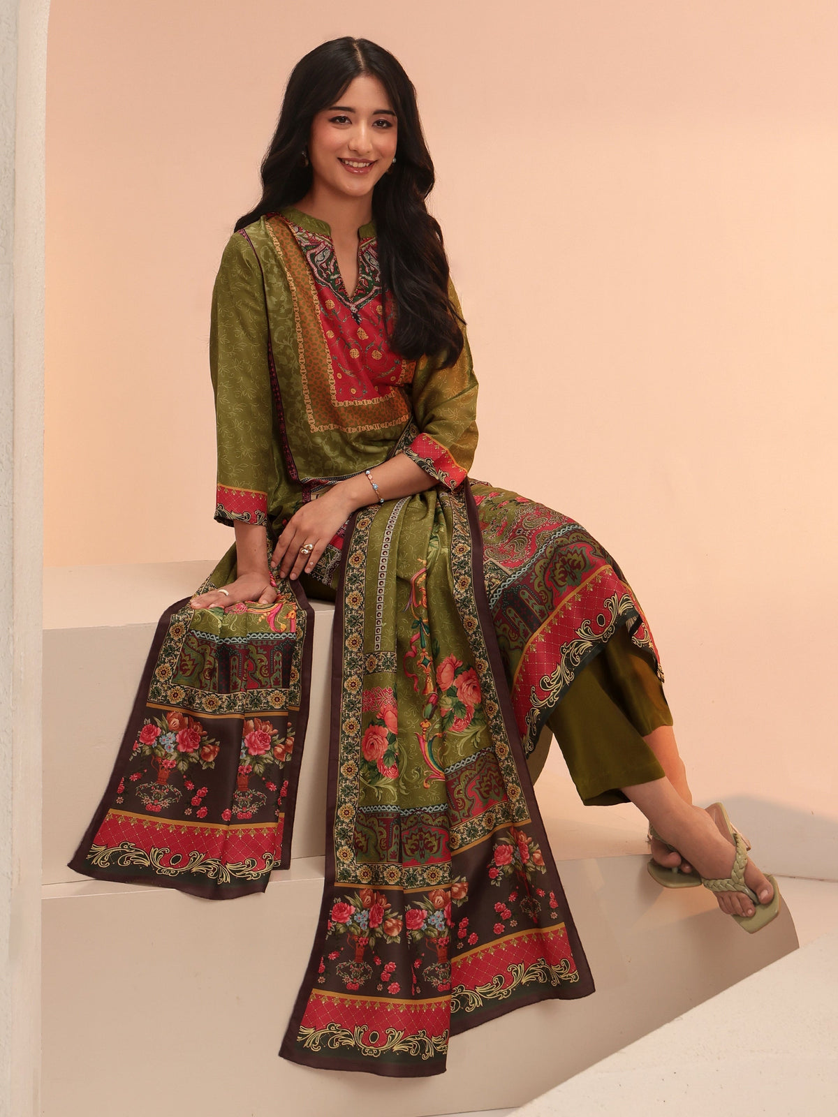 Anouk Green Floral Printed Muslin Straight Suit Set