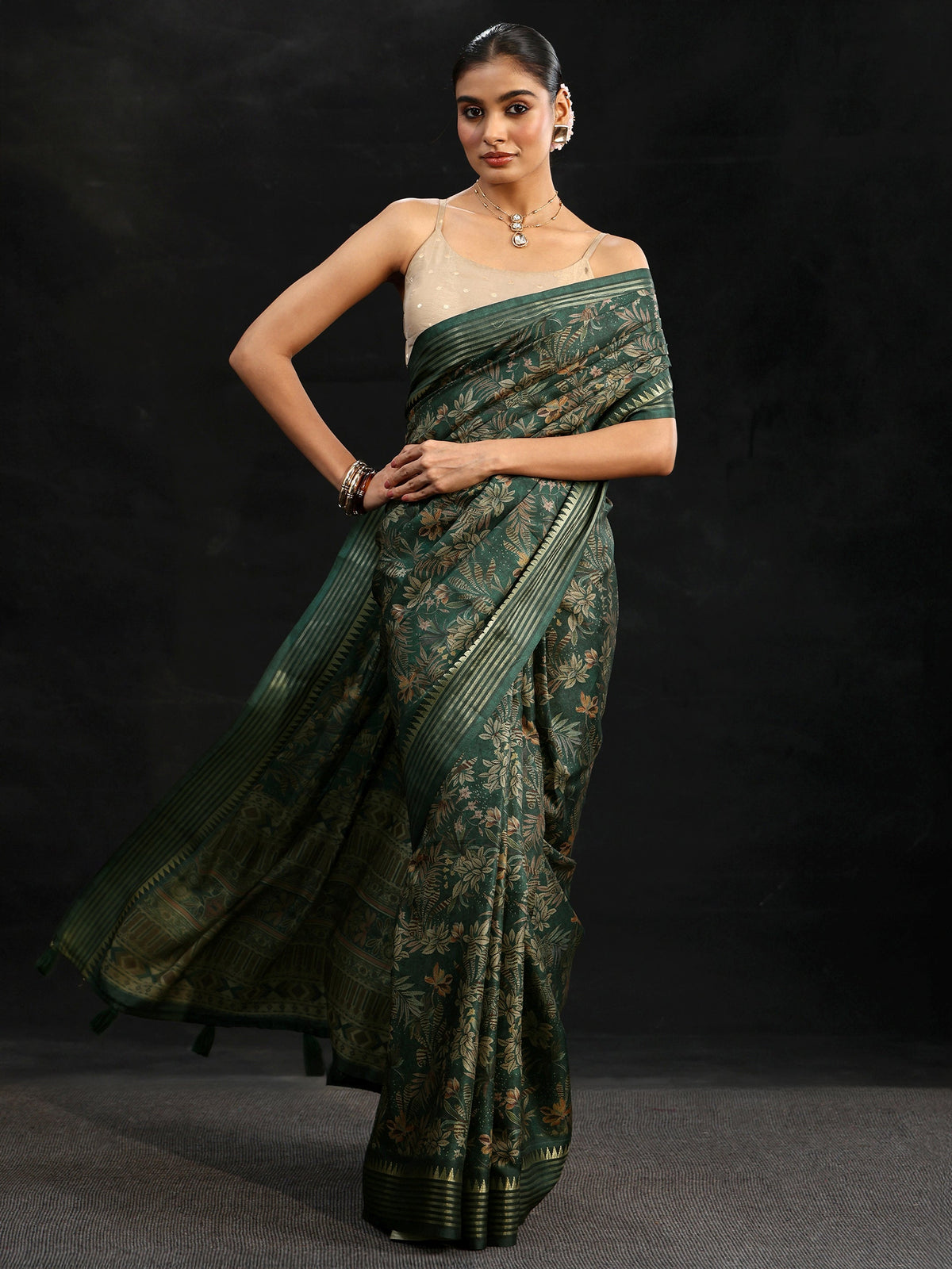 Anouk Green Floral Woven Design Silk Blend Saree