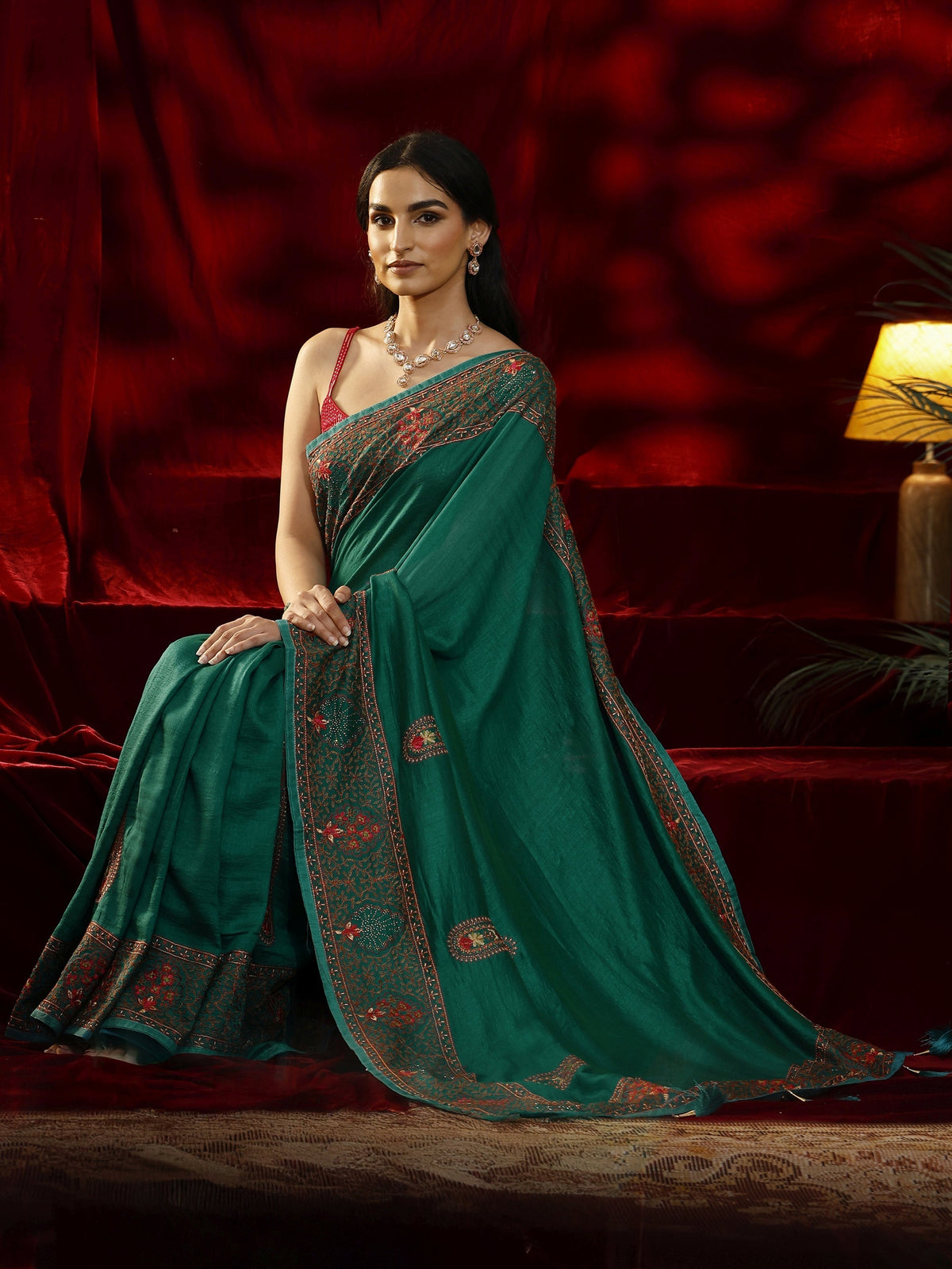 Anouk Green Paisley Embroidered Silk blend Saree