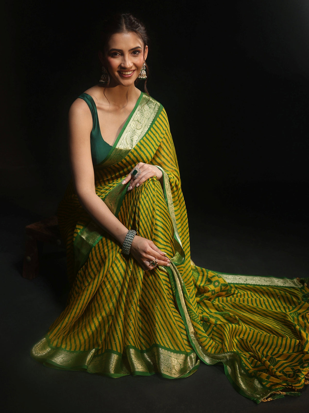 Anouk Green Striped Chiffon Saree with Paisley Border