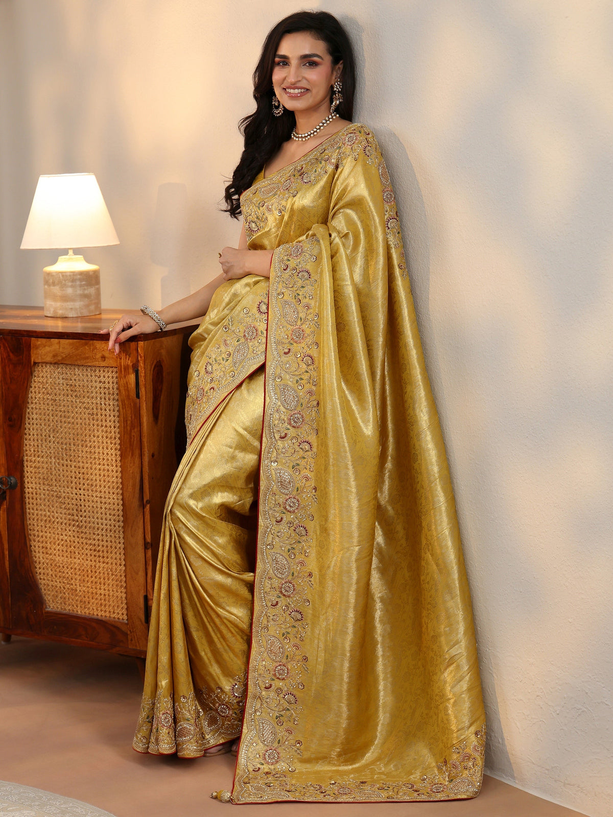 Anouk Green Woven Design Satin Saree With Embellished Border