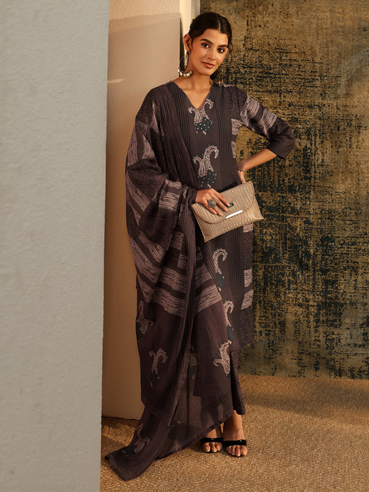 Anouk Grey Ajrakh Printed Cotton Straight Suit Set