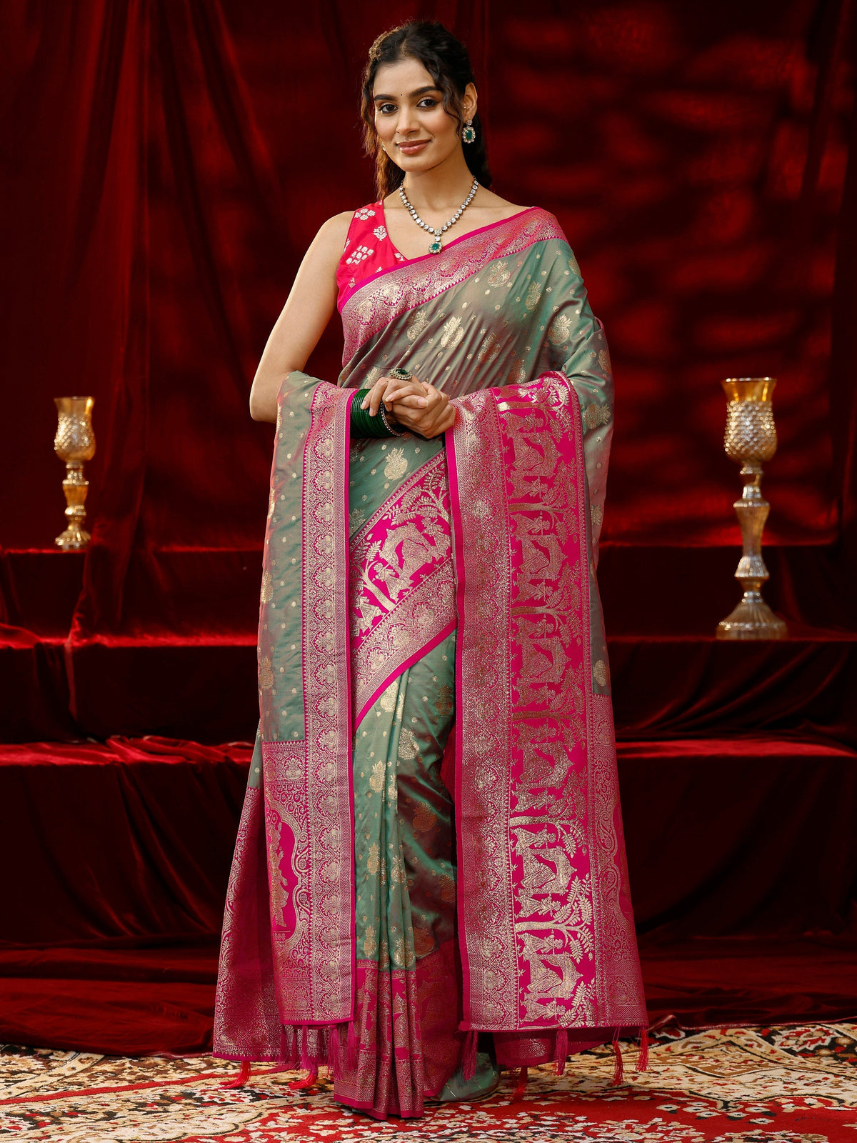 Anouk Grey Ethnic Motif Woven Design Silk blend Saree with dupatta