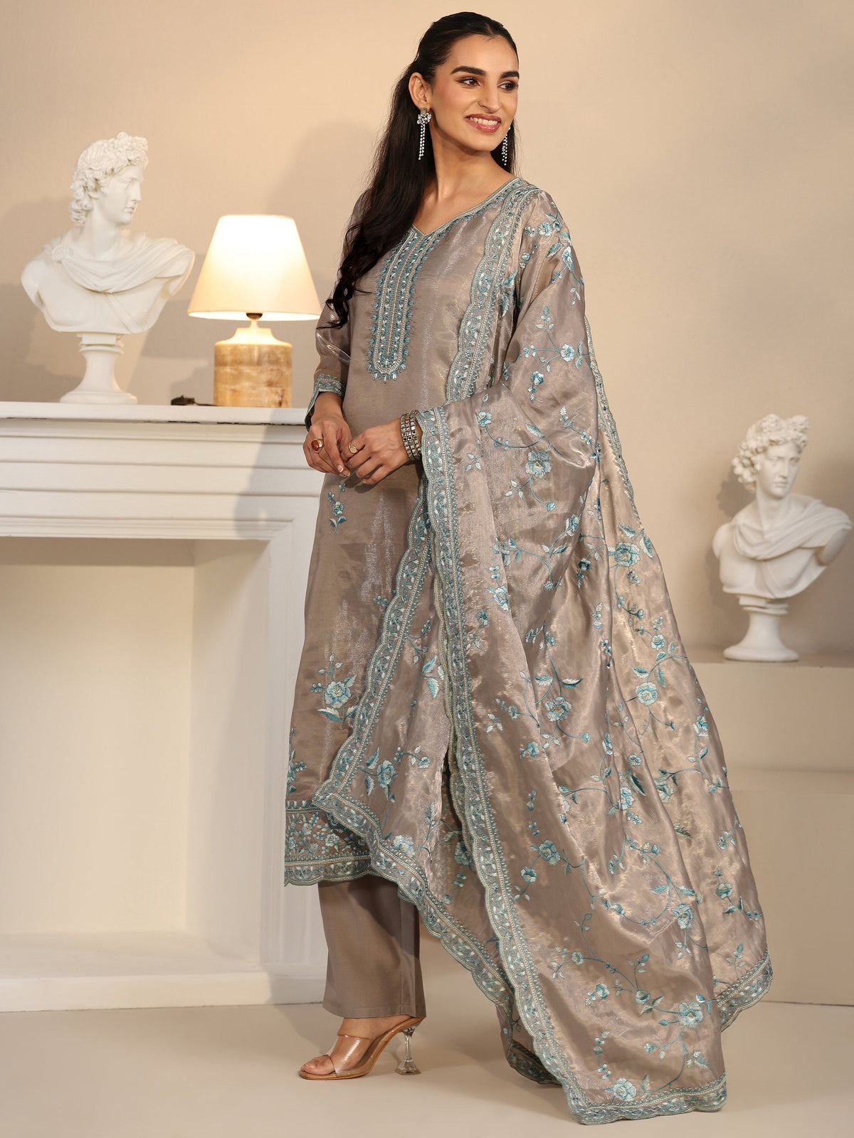 Anouk Grey Floral Embroidered Organza Straight Suit Set