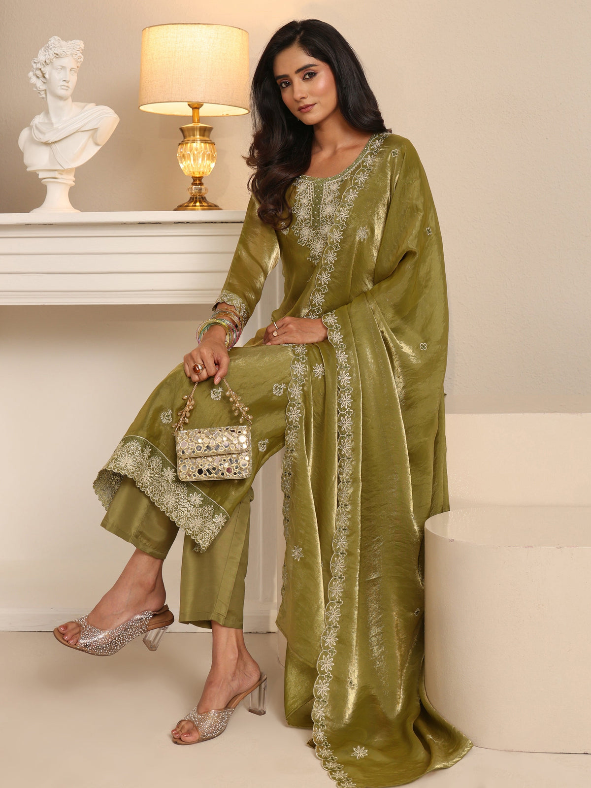 Anouk Henna Green Ethnic Embroidered Organza Straight Suit Set