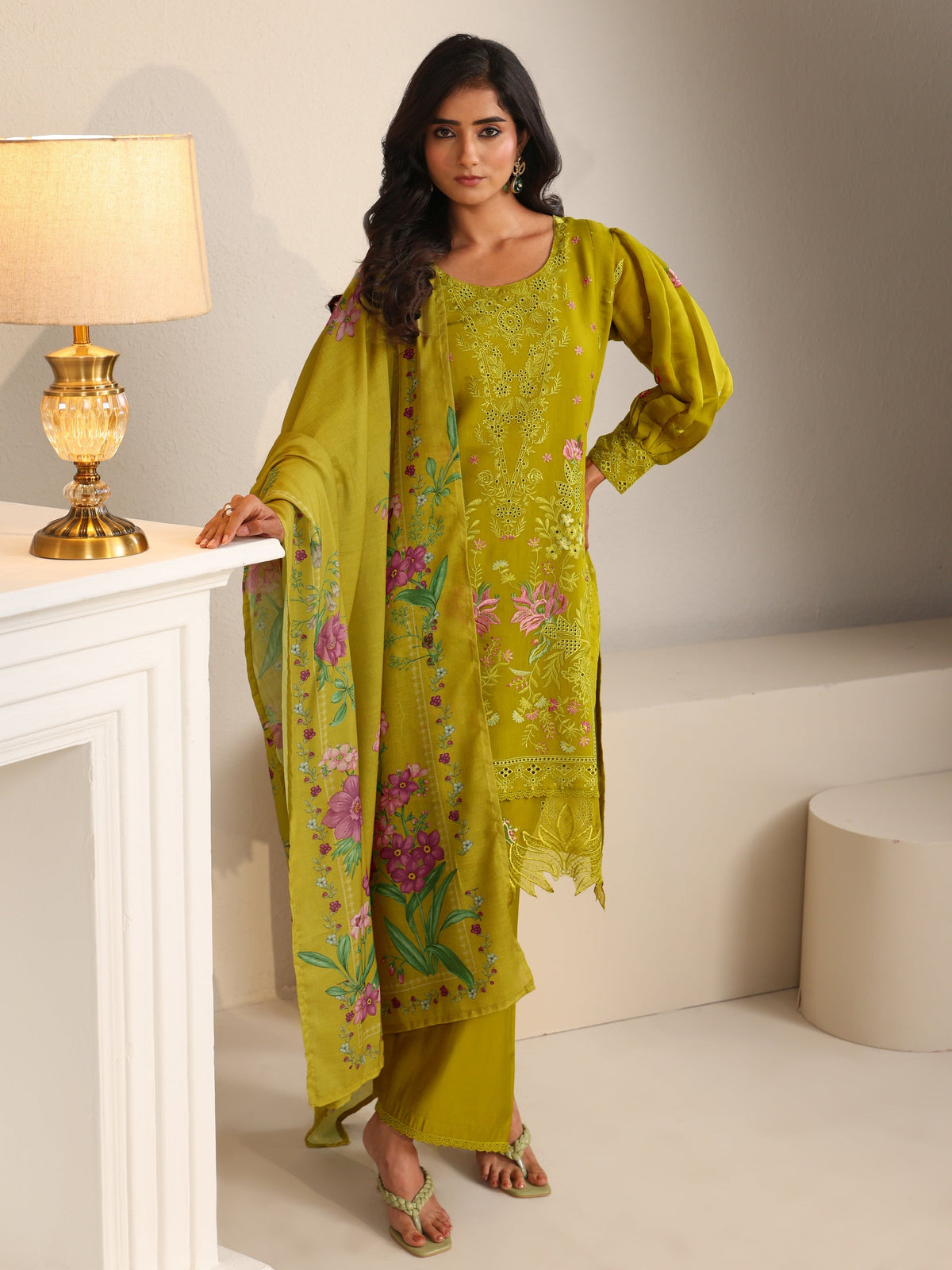 Anouk Henna Green Floral Embroidered Chanderi Cotton Straight Suit Set