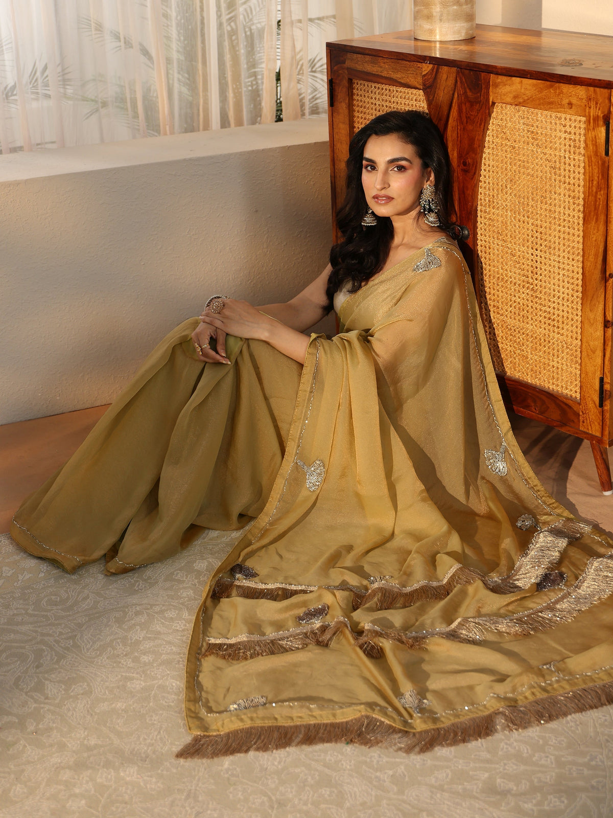 Anouk Henna Green Tissue Saree with Tassel Embellished Pallu