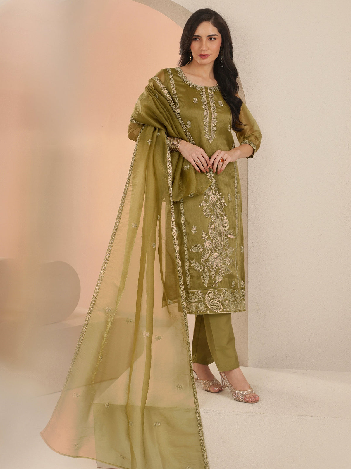 Anouk Henna Yellow Paisley Embroidered Organza Straight Suit Set