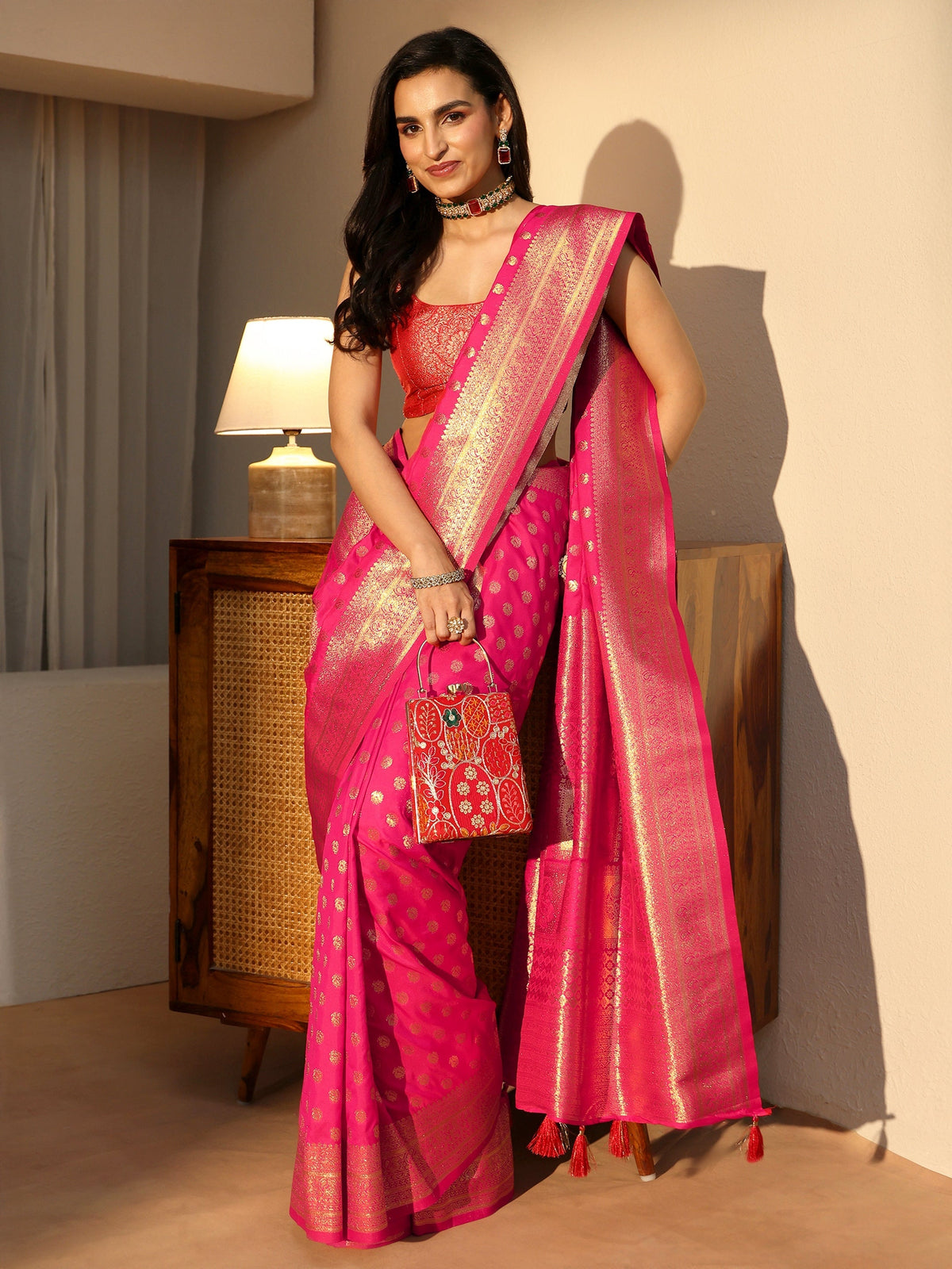 Anouk Hot Pink Banarasi Silk Blend Saree