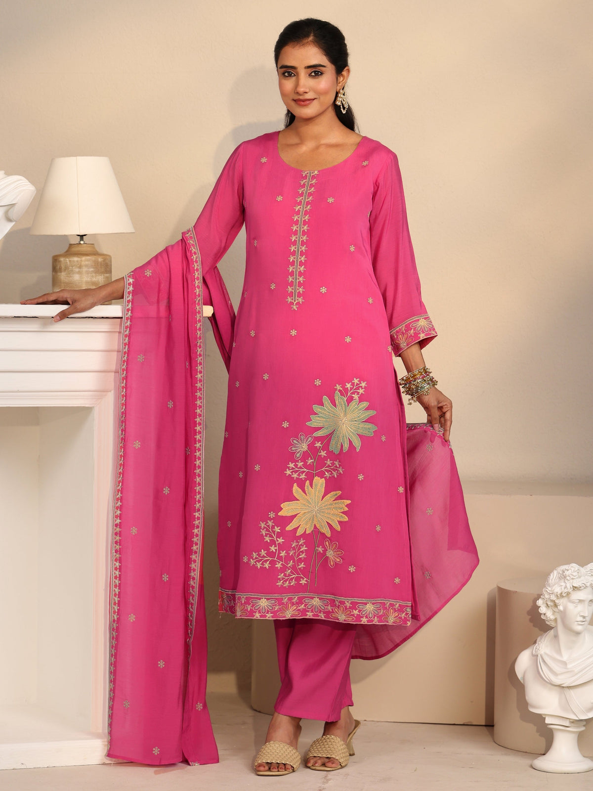 Anouk Hot Pink Floral Embroidered Chanderi Silk Straight Suit Set