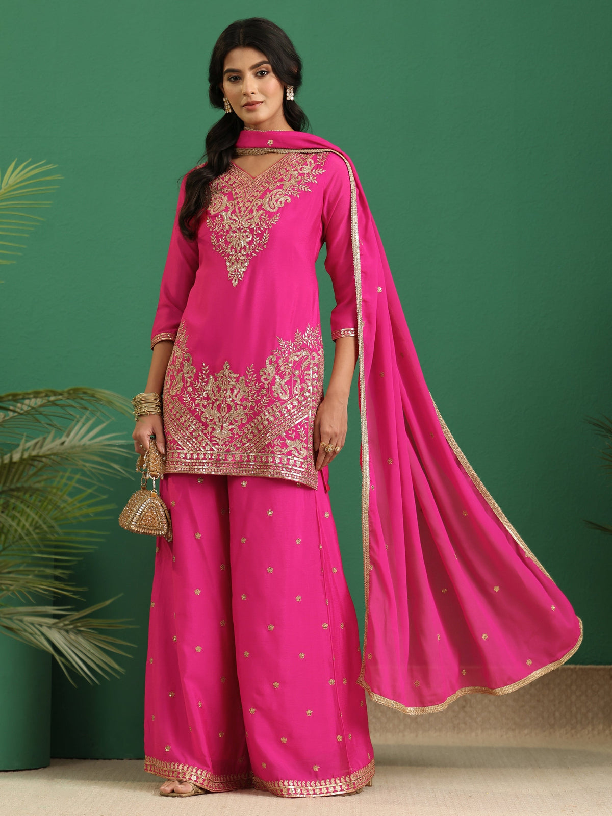 Anouk Hot Pink Yoke Design Chinon Palazzo Suit Set