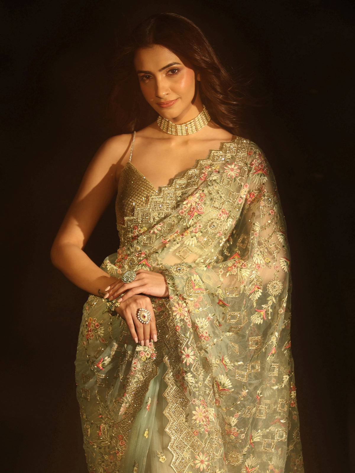 Anouk Ice Blue Floral Embellished Net Saree