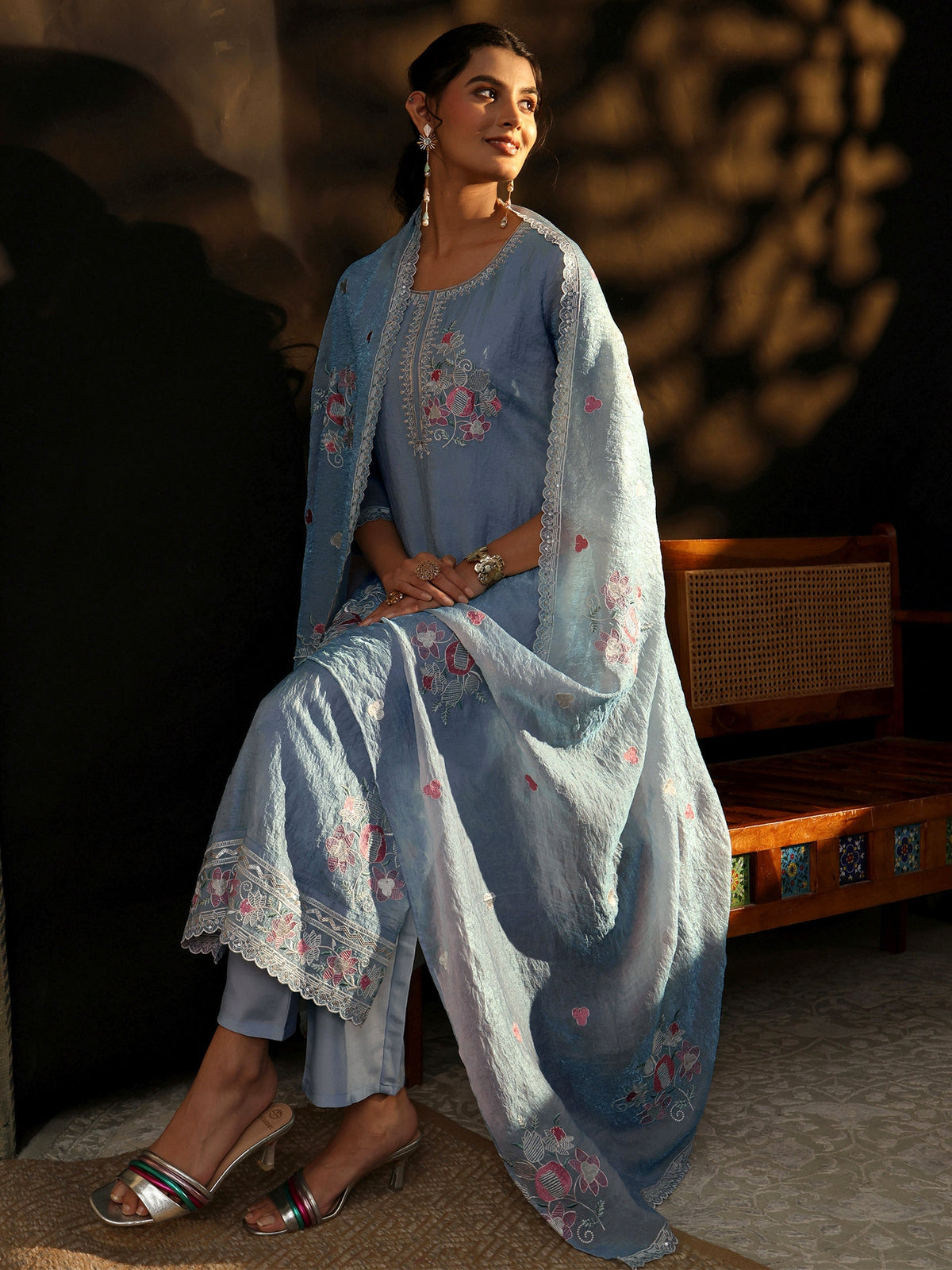 Anouk Ice Blue Floral Embroidered Organza Straight Suit Set