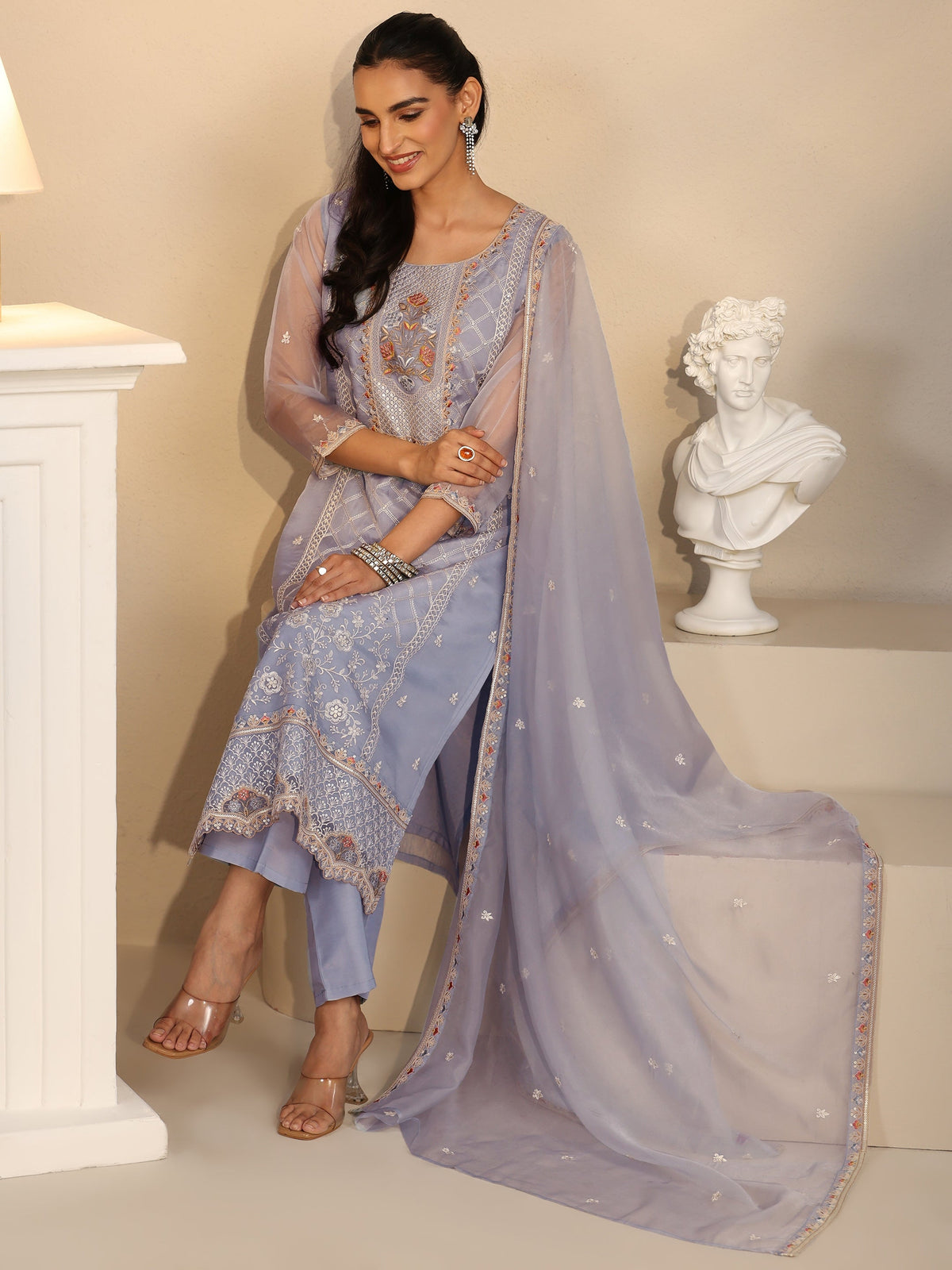Anouk Ice Blue Floral Embroidered Organza Straight Suit Set