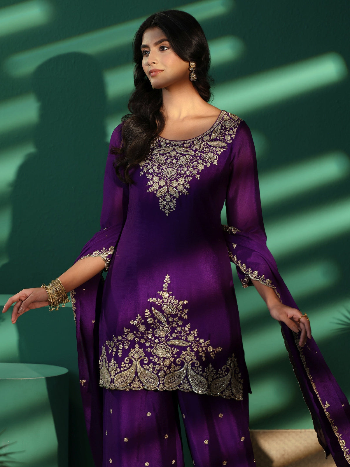 Anouk Imperial Purple Paisley Embellished Chinon Palazzo Suit Set