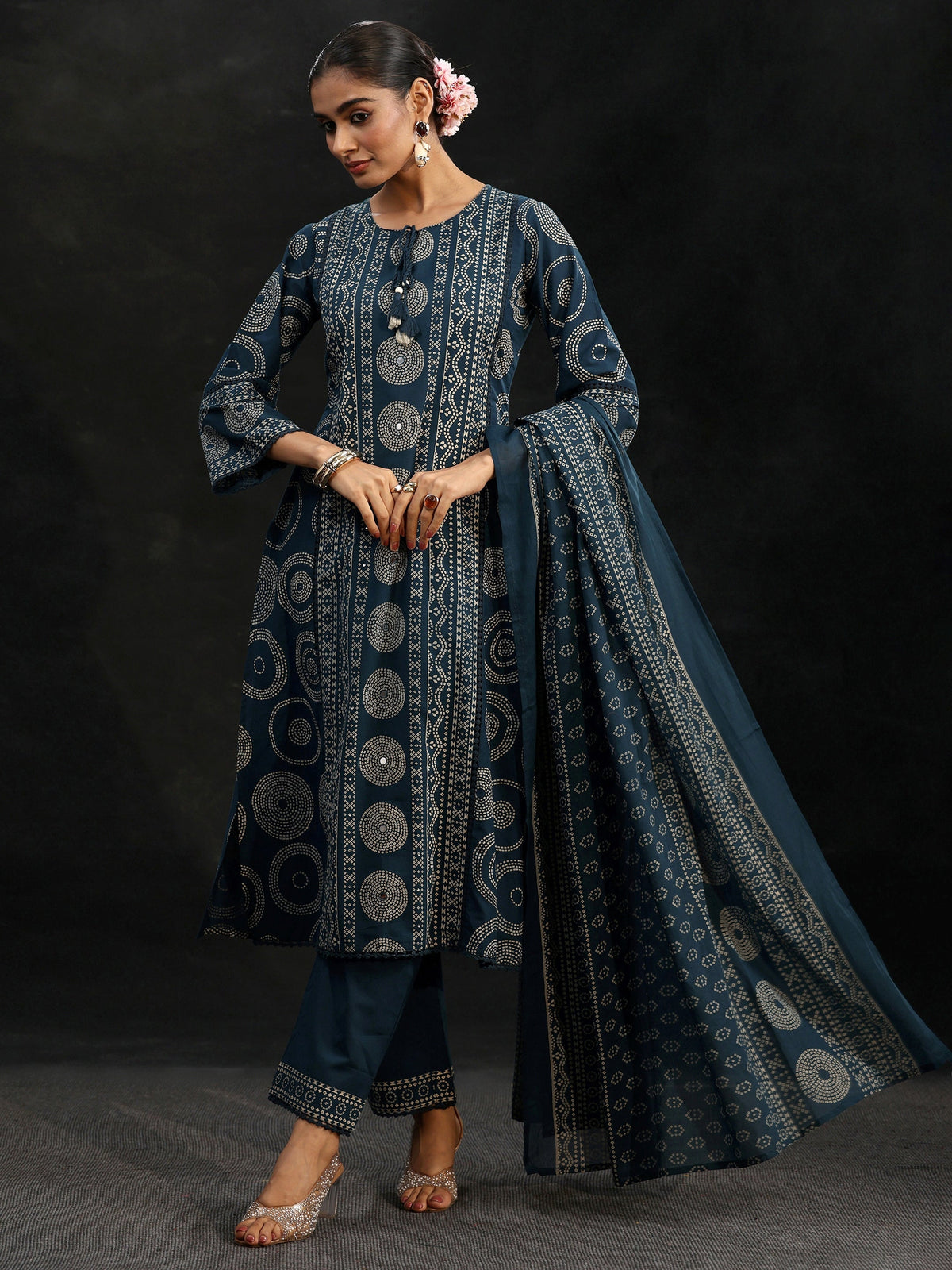 Anouk Indigo Blue Bandhani Cotton Straight Suit Set