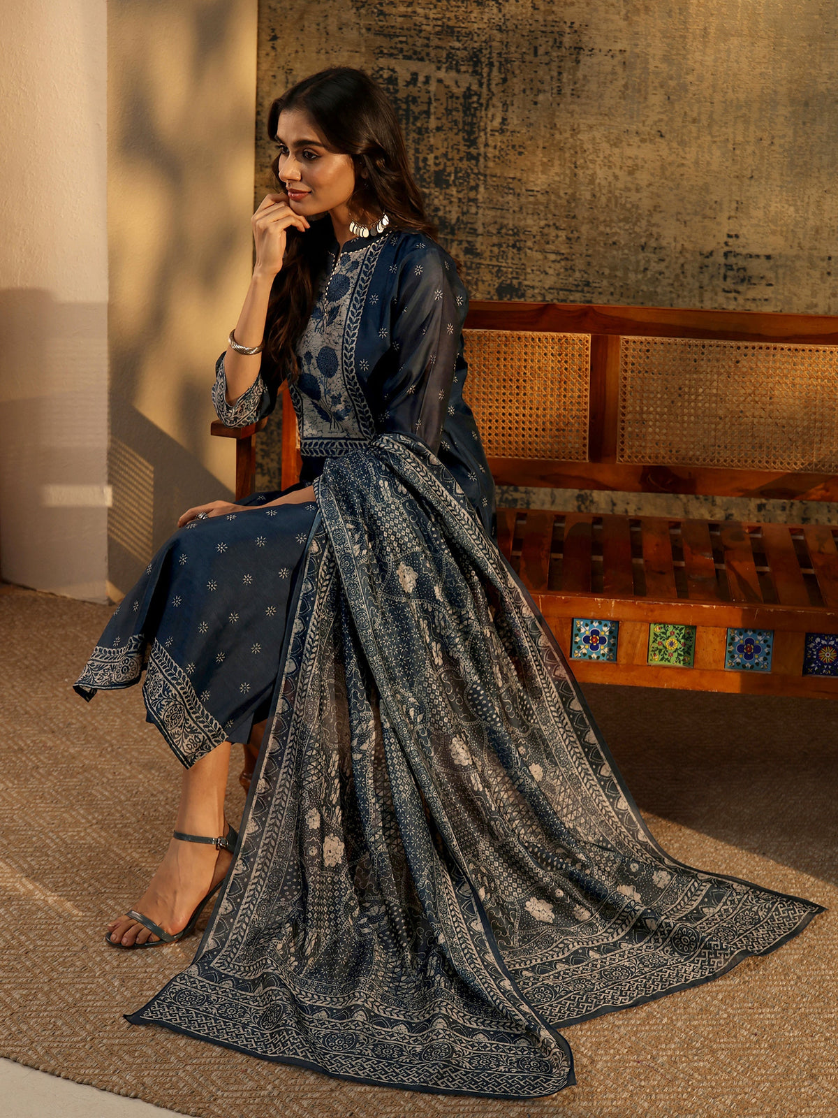 Anouk Indigo Blue Floral Printed Chanderi Silk Straight Suit Set