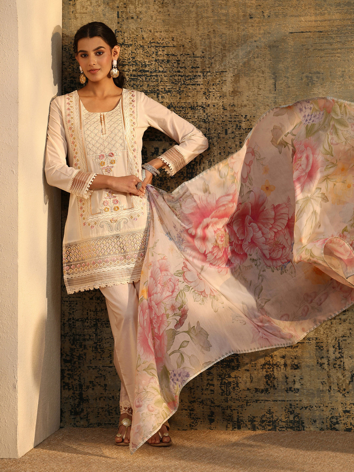 Anouk Ivory Embroidered Cotton Short Kurta Pant Suit Set