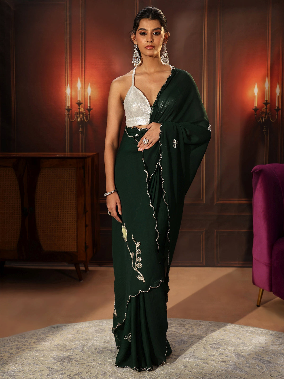 Anouk Jungle Green Chiffon Saree with Floral Applique Design Pallu