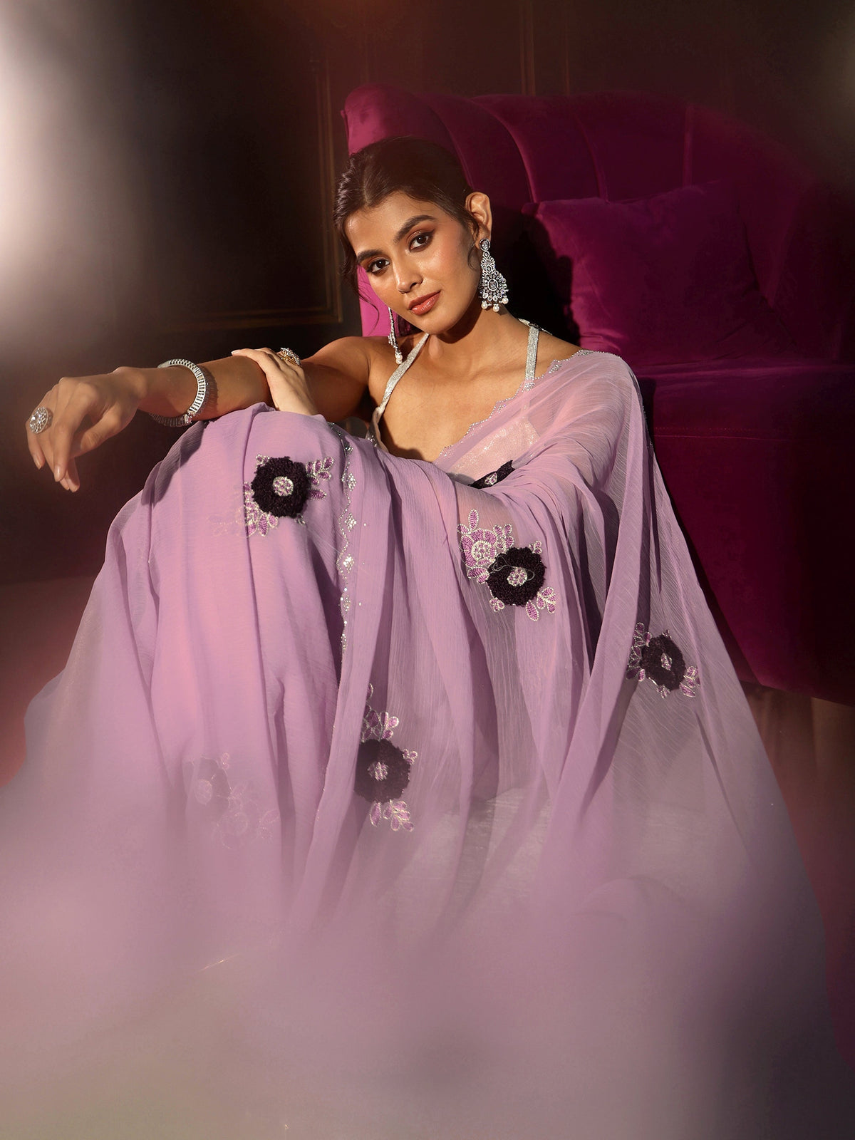 Anouk Lavender Chiffon Saree with Embellished Floral Motifs