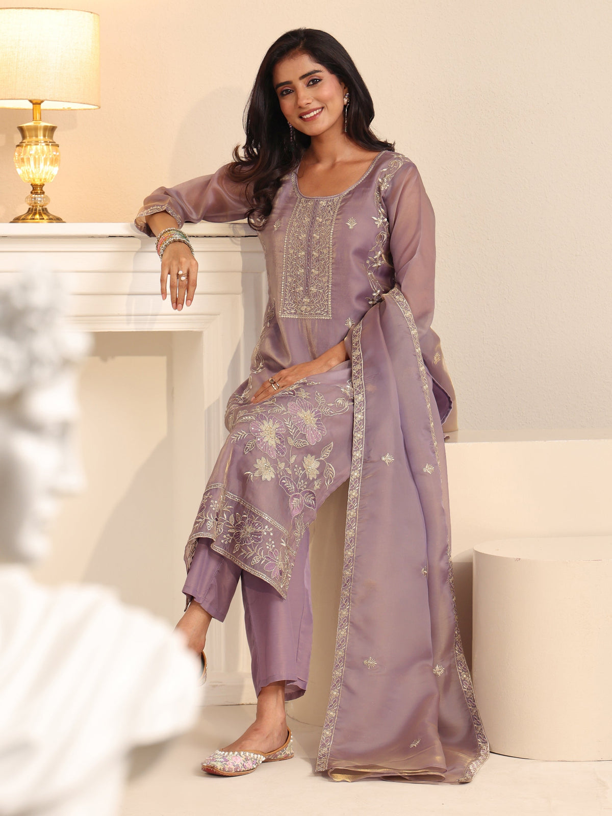 Anouk Lavender Floral Embellished Tissue Straight Suit Set