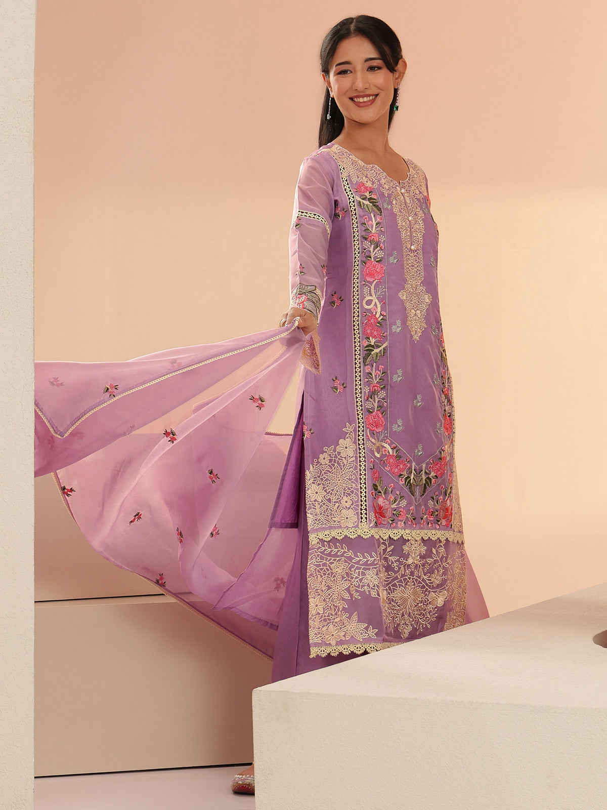 Anouk Lavender Floral Embridered Organza Straight Suit Set