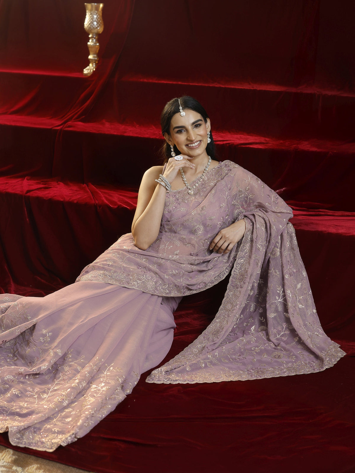 Anouk Lavender Floral Embroidered Chiffon Saree