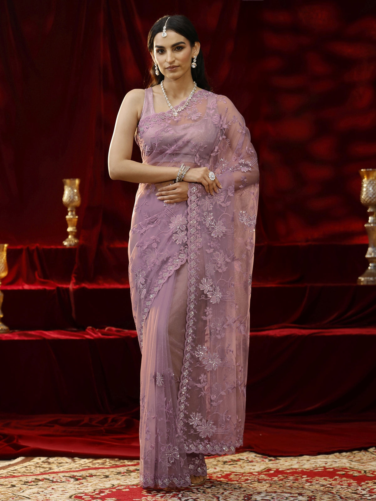 Anouk Lavender Floral Embroidered Net Saree