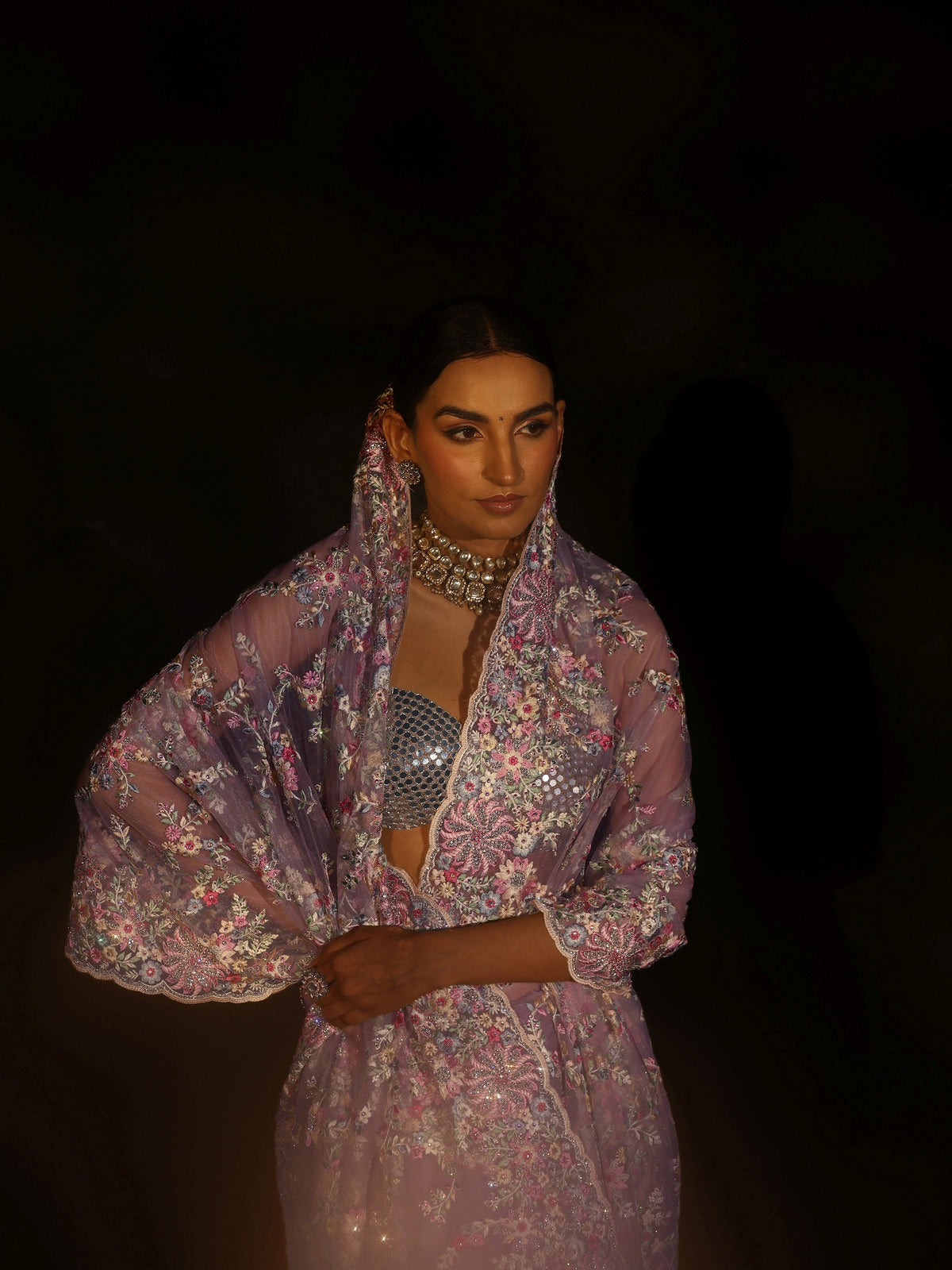 Anouk Lavender Floral Embroidered Net Saree