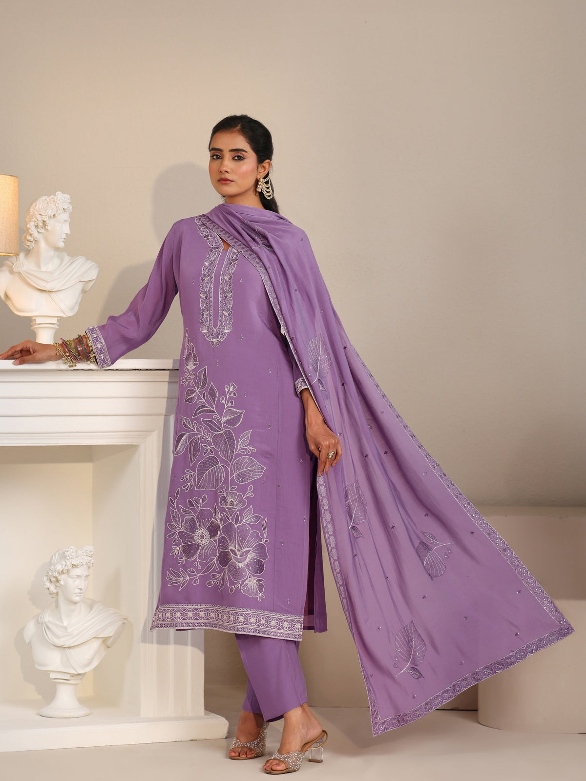 Anouk Lavender Floral Embroidered Silk Bkend Straight Suit Set