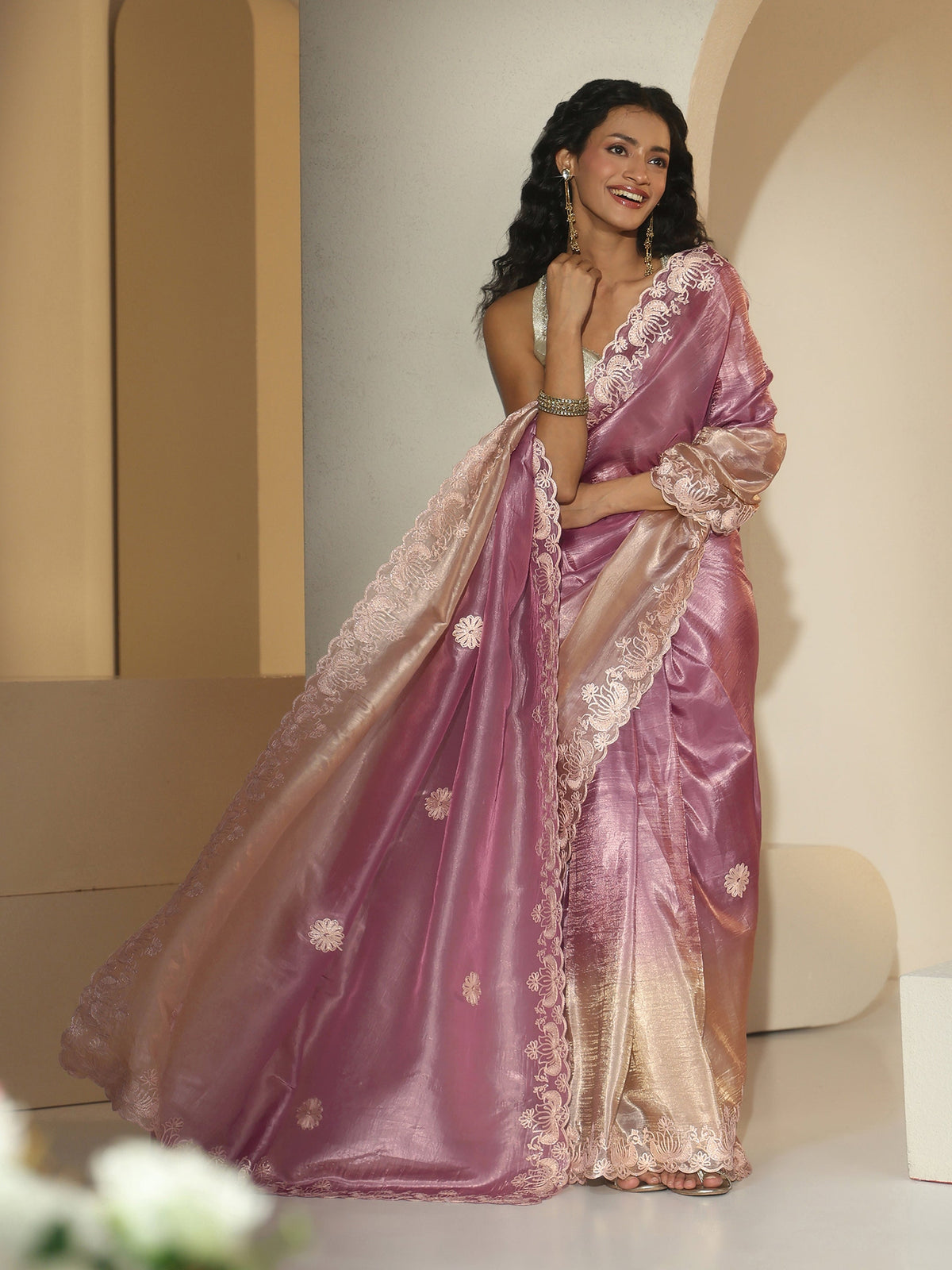 Anouk Lavender Floral Embroidered Tissue Saree