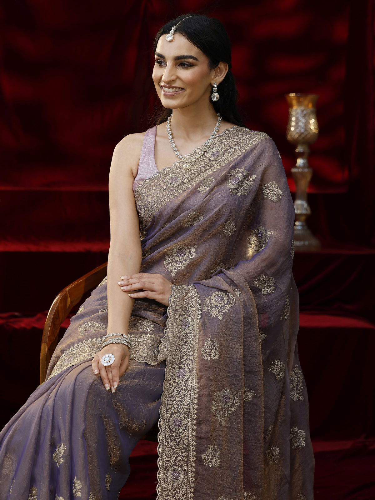 Anouk Lavender Floral Embroidered Tissue Saree