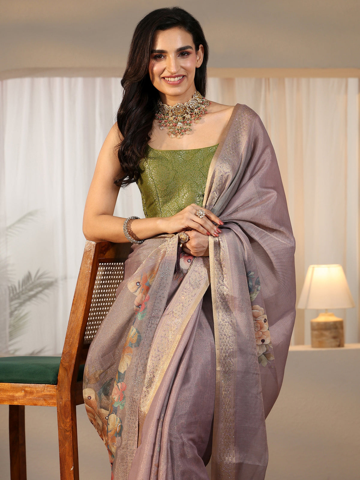 Anouk Lavender Floral Printed Silk Blend Saree with Woven Border