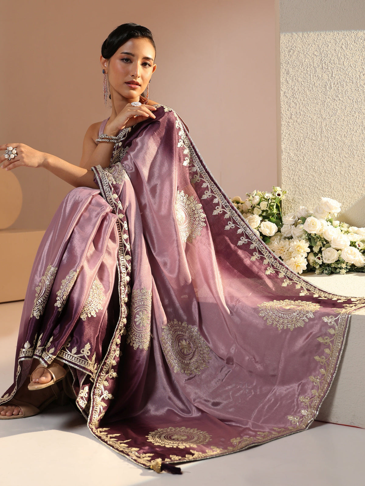 Anouk Lavender Mandala Art Embroidered Ombre Silk Blend Saree