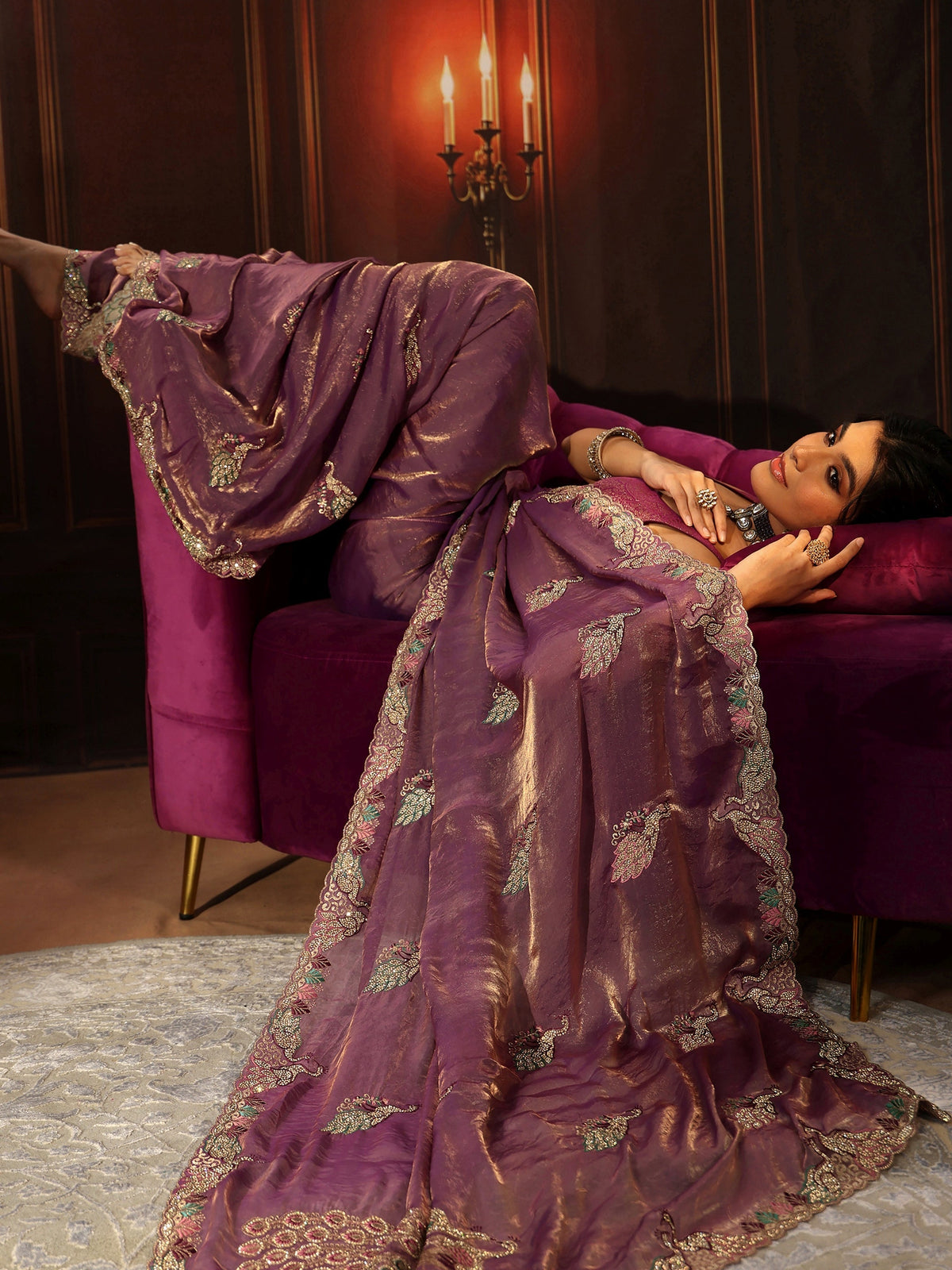 Anouk Lavender Peacock Embellished Tissue Saree
