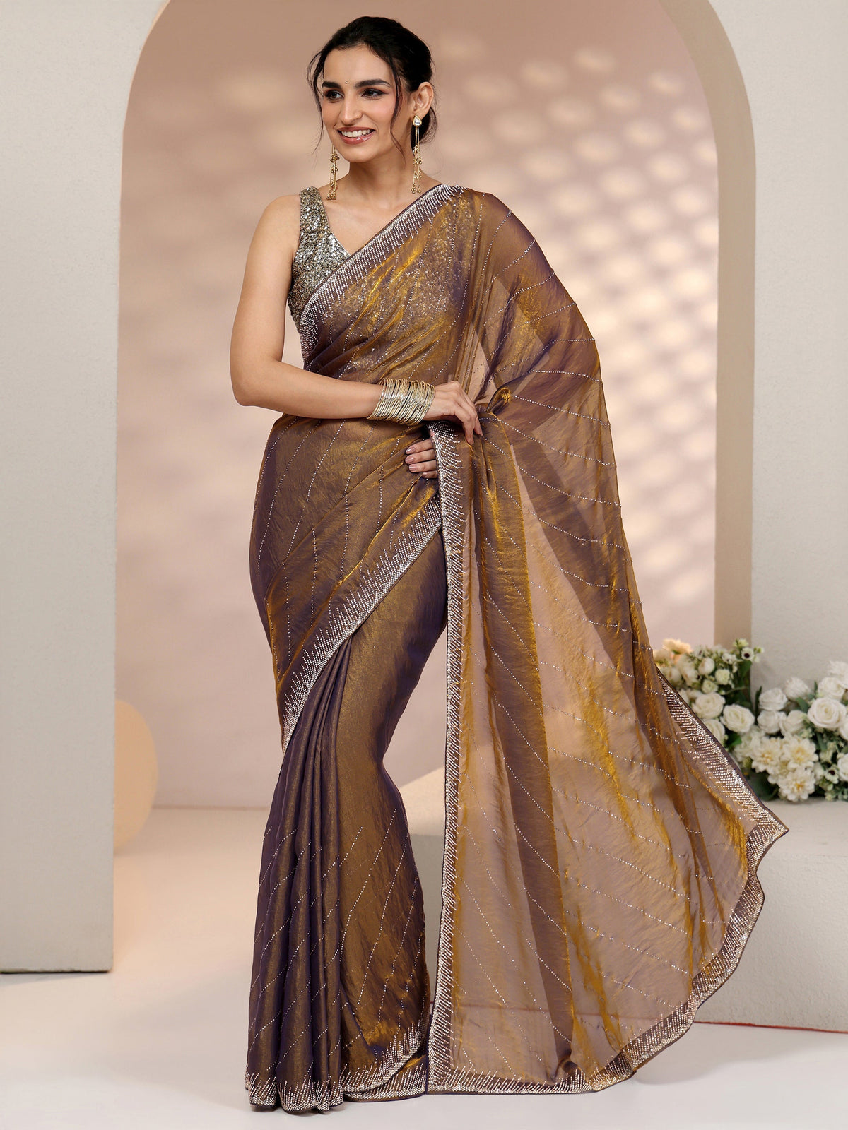 Anouk Lavender Stone Work Striped Embellished Tissue Saree
