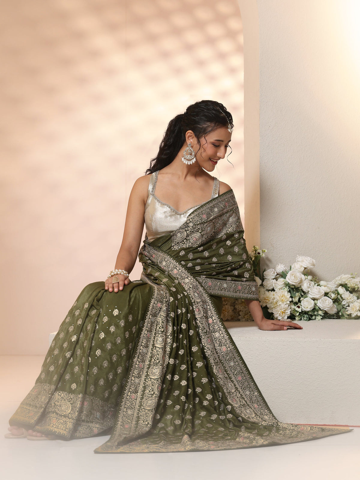 Anouk Leaf Green Embellished Satin Saree with Ethnic Motifs
