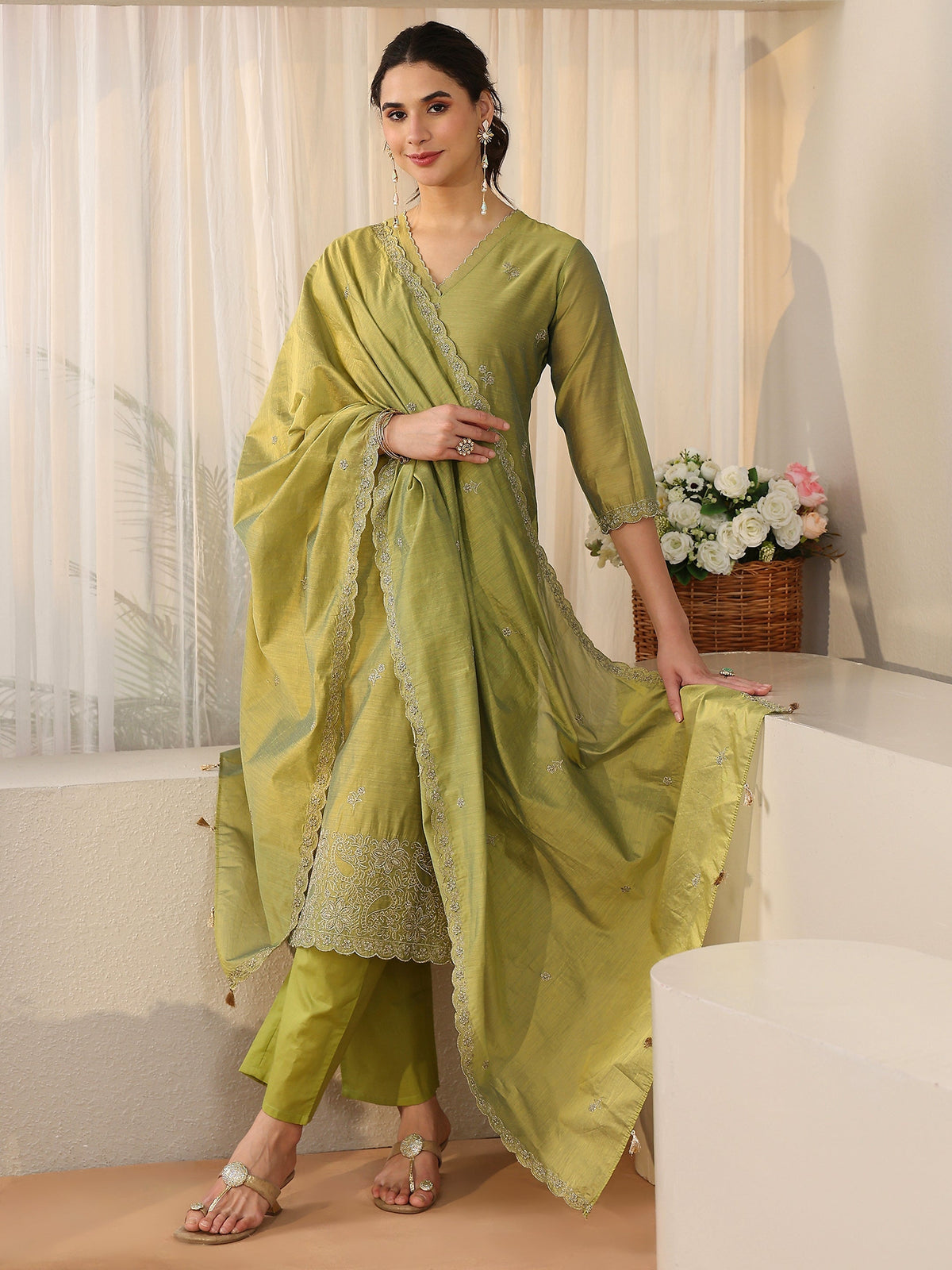 Anouk Leaf Green Floral Embellished Chanderi Silk Straight Suit Set