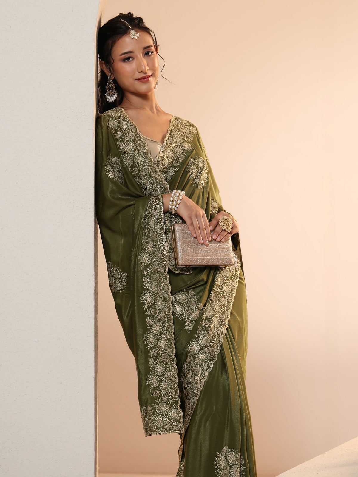 Anouk Leaf Green Satin Saree with Embroidered Floral Motifs