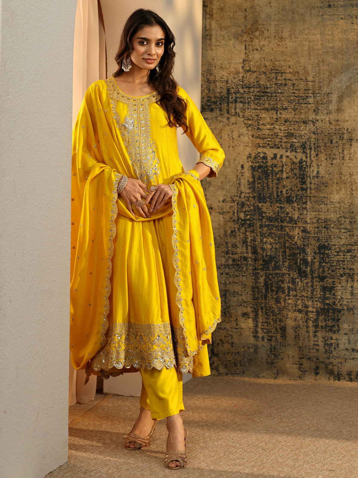 Anouk Lemon Yellow  Embellished Silk Blend Anarkali Suit Set