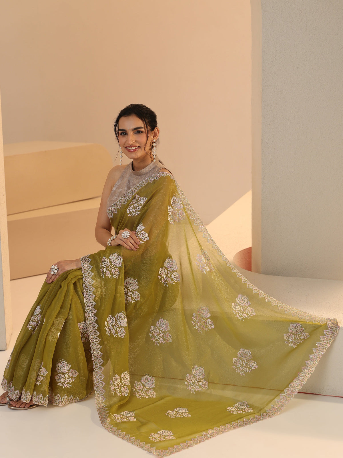 Anouk Light Henna Green Floral Embroidered Chiffon Saree