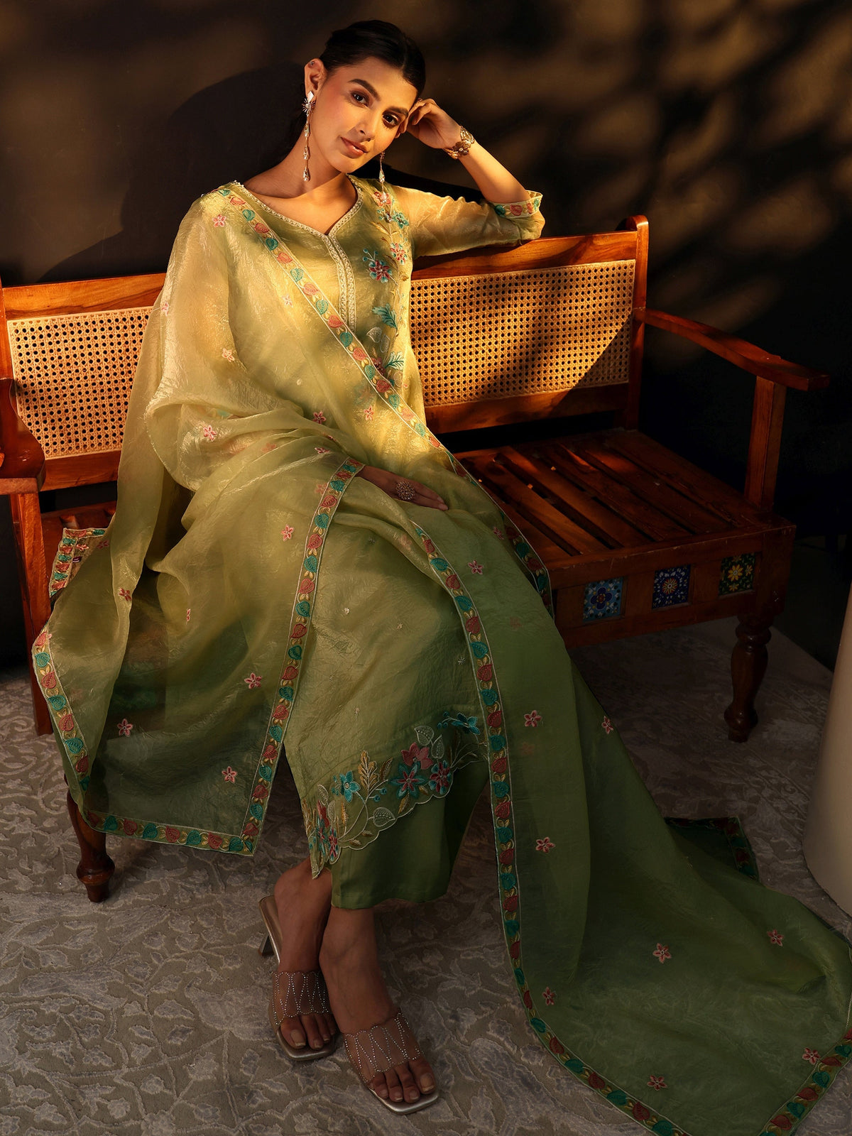 Anouk Light Olive Ethnic Embroidered Organza Straight Suit Set